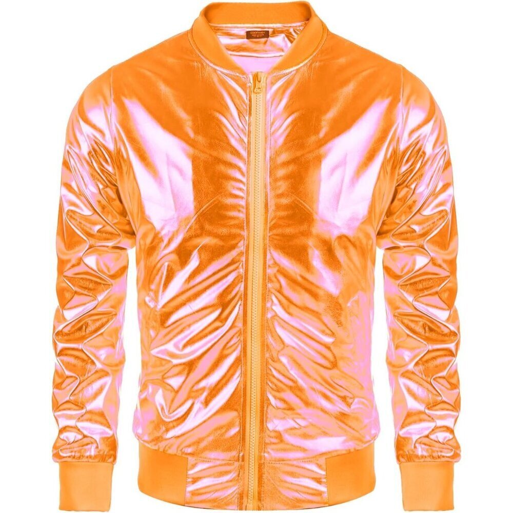 Men's Orange Shiny Fabric Varsity Bomber Jacket Metallic Style Zipper Shirts